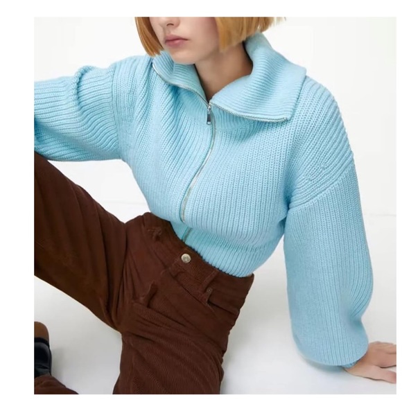 Zara Sweaters - Zara Blue Laggon Ballon Sleeve Zip Up knit Cardigan Sweater